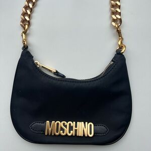 Moschino Black Logo Lettering Hobo Shoulder Bag with Gold Chain